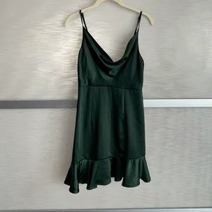 Green Satin Cowl Neck Mini Dress